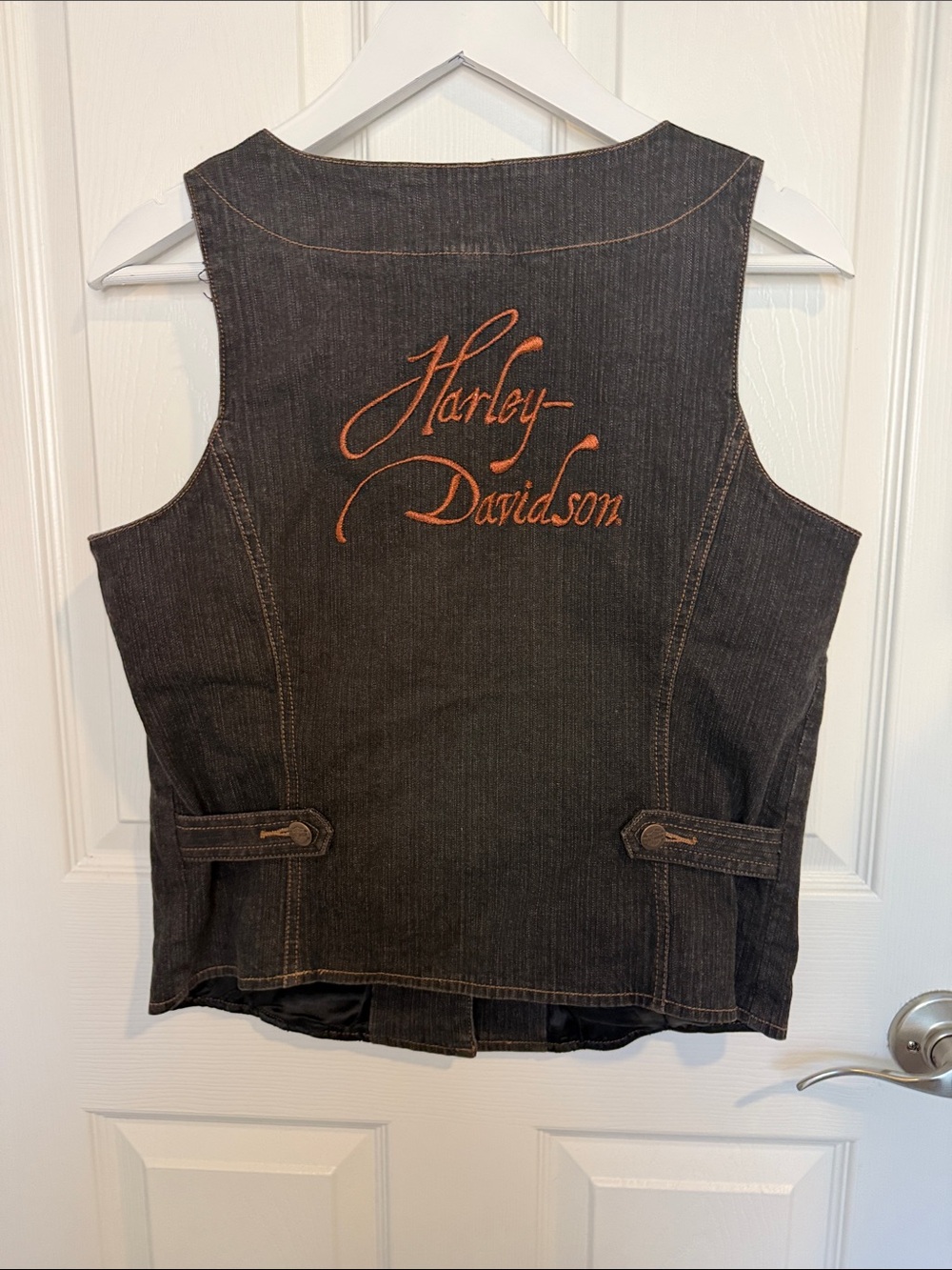 Vintage 2006 Harley Davidson Women’s Denim Vest Black Orange Embroidered Y2K” L